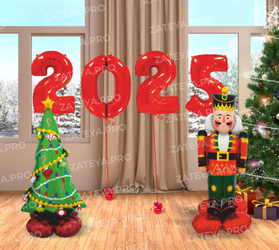 Композиция из воздушных шаров 2025 Елочка и Щелкунчик 6 шт  Композиция из воздушных шаров 2025 Елочка и Щелкунчик 6 шт