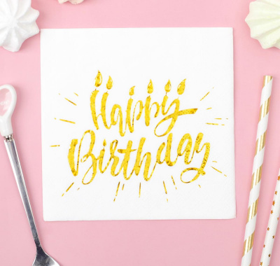 Салфетка Happy birthday золото на белом 25*25 см 20 шт Салфетка Happy birthday золото на белом 25*25 см 20 шт